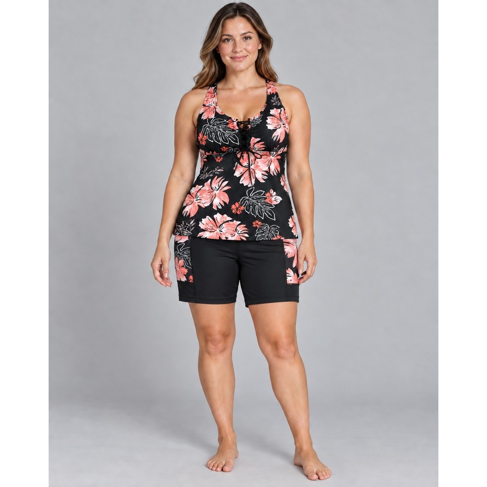 SOTHEA Womens Plus Size 20W Tankini Swimsuit Set Black Pink Floral Lace Up Top